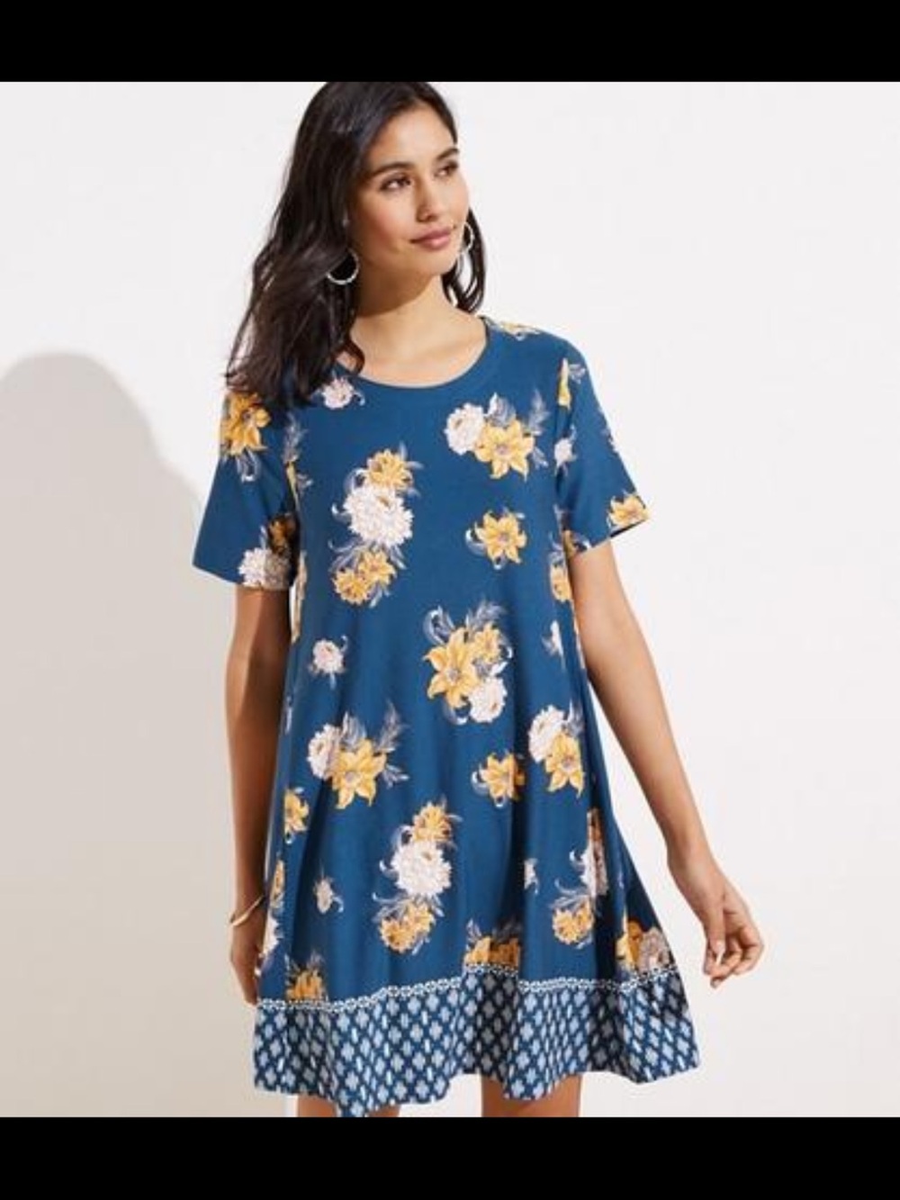 NWT LOFT Teal Blue Floral Short-Sleeve Swing Dress